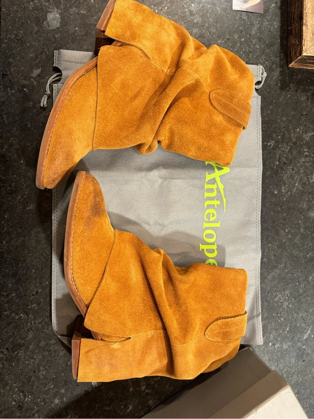 Antelope Cognac Suede Ruching Ankle Boots